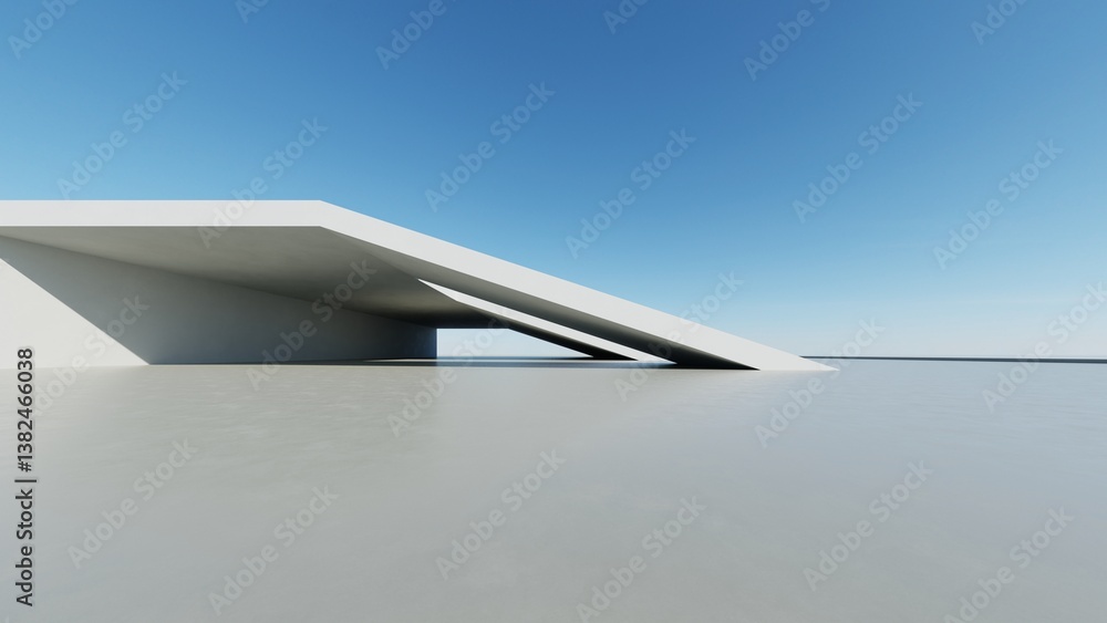 Poster 3d render of abstract modern curve architecture with empty cement floor, minimal exterior, car presentation background