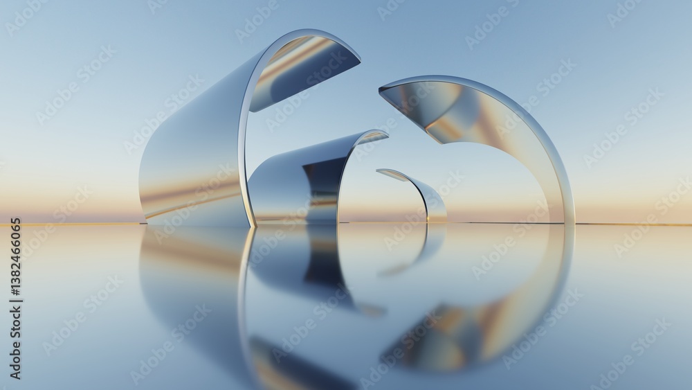 Poster 3d illustration of abstract minimal architecture background, geometric architectural with chrome or 