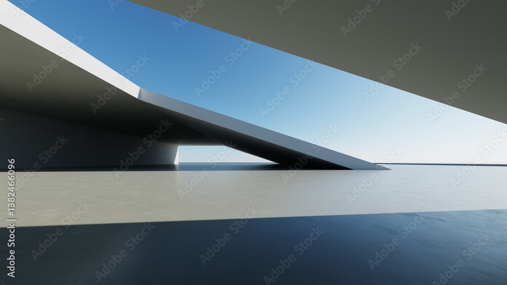 Poster 3d render of abstract modern curve architecture with empty cement floor, minimal exterior, car presentation background