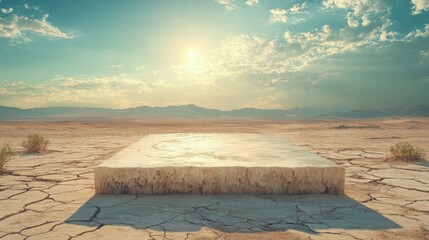 Desert podium surrounded by cracked, sun-parched ground and dry air 