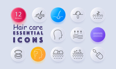 Hair care set icon. Includes hair strands, scalp view, follicle diagram, sparkle icon, skin texture, face profile, bubble layers, cream container, and wave lines