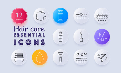 Hair care set icon. Shows shampoo, serum bottle, droppers, injection, towel, hydration, layering, nourishment, and scalp with embedded follicles in clean outline style.