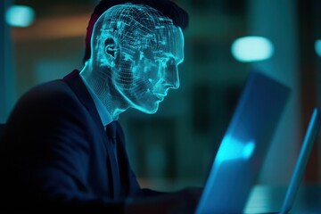 Businessman interacting with laptop, biometric scan hologram, face swap.