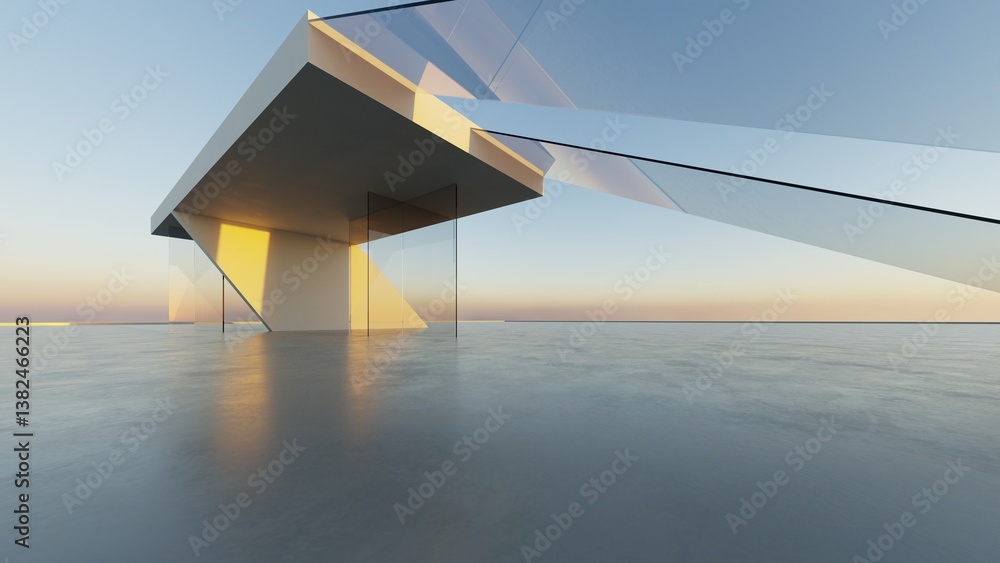 Poster 3d illustration of abstract minimal architecture background, geometric architectural with chrome or metallic arch design