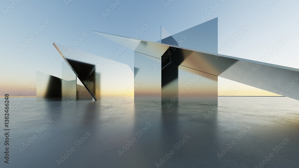Poster 3d illustration of abstract minimal architecture background, geometric architectural with chrome or metallic arch design