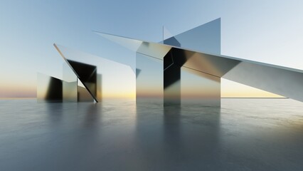 3d illustration of abstract minimal architecture background, geometric architectural with chrome or metallic arch design