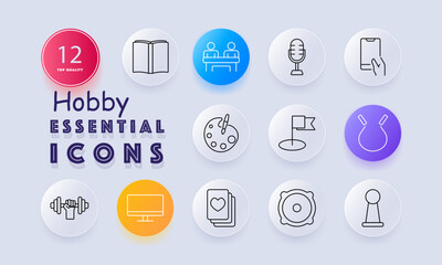 Hobby set icon. Displays book, podcast mic, mobile, artist palette, flag, headphones, weightlifting, monitor, playing cards, speaker, pawn, and group activities table.