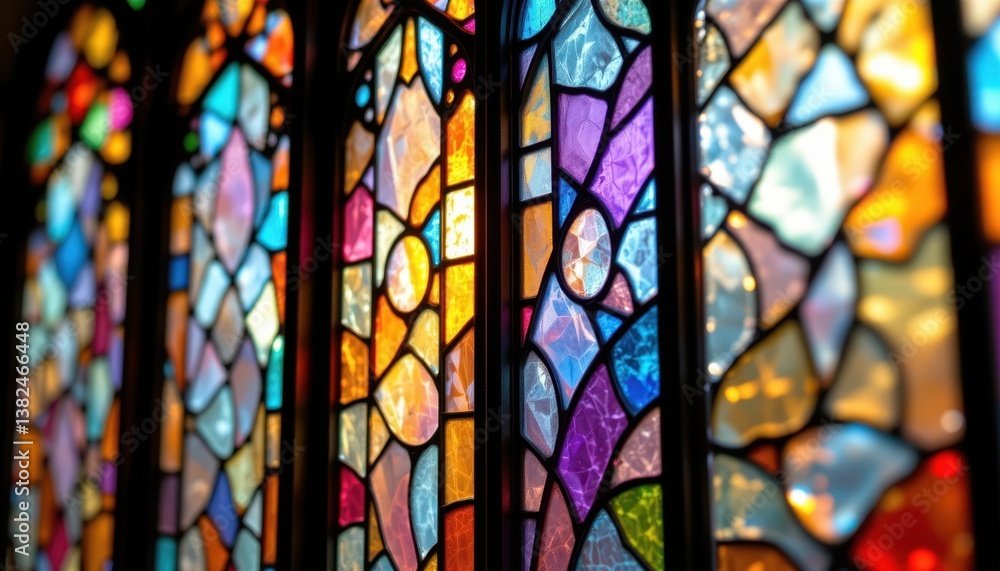 Poster artistic glass a close up of stained glass windows where light interacts with varied iridescent colo