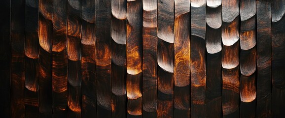 Intricate wave pattern carving on rustic, textured wood panels background
