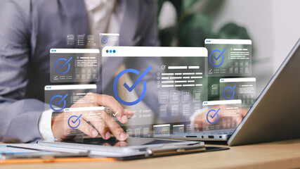 Businessman Take an assessment, Check list, questionnaire, evaluation, filling out an online survey form. Answer the test questions. online survey exam Choosing the right answer in the exam,