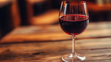 A glass of red wine placed on a wooden table, showcasing its rich color and elegance.