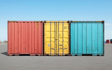 Fototapeta premium Three Weathered Cargo Containers Under a Blue Sky