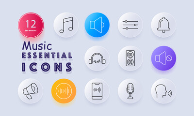 Music set icon. Includes note, speaker, equalizer, alert bell, headphones, outlet, megaphone, waveform, mobile, microphone, user, all in playback or audio context
