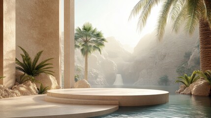 Elegant podium in a desert oasis, with palm trees and shimmering water in the background 