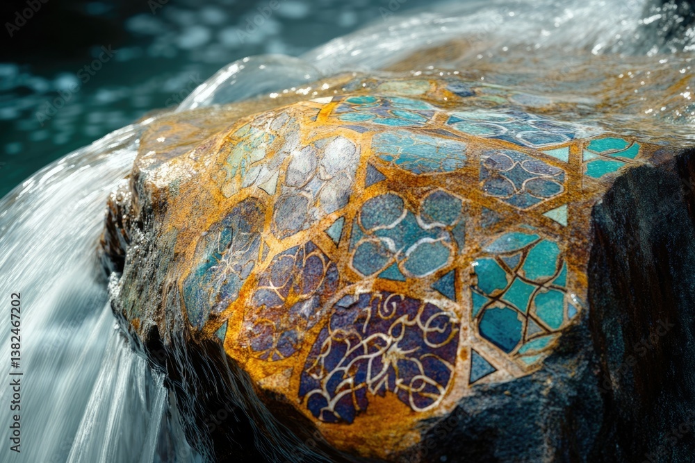 Poster water flows over a intricately patterned stone, creating a mesmerizing visual.
