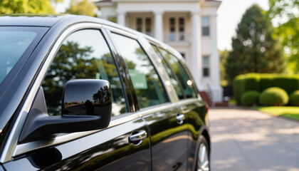 Sleek hearse parked outside a funeral home, honoring remembrance