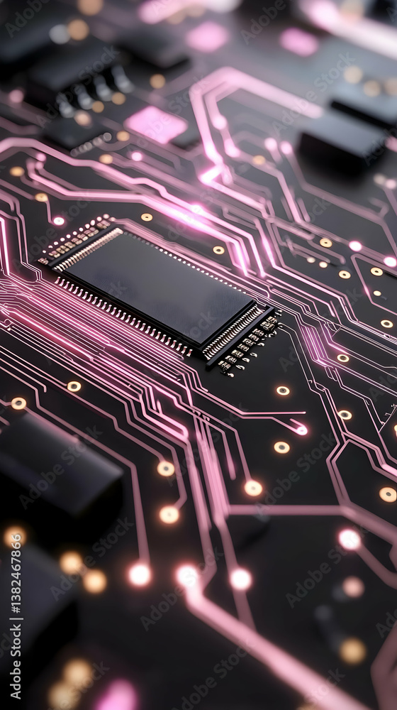 Poster close up of pink circuit board with microchip
