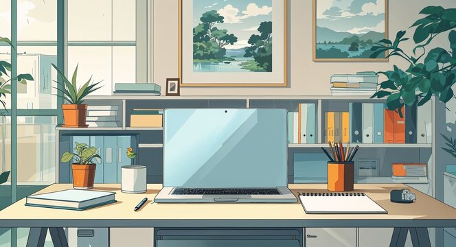Clean minimalist office with a laptop and notepad on desk anime cartoon style illustration artwork design background