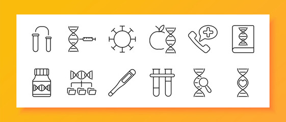 Genetics health set icon. Icons show DNA strands, test tubes, apple, virus, magnifier, vial, thermometer, phone support, books, molecule, in flat outline style.