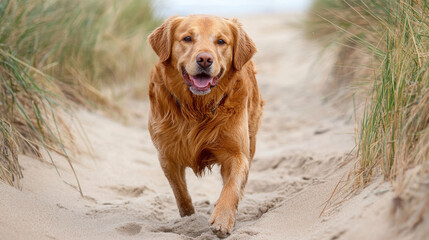 A golden retriever joyfully running on a sandy path surrounded by grass.