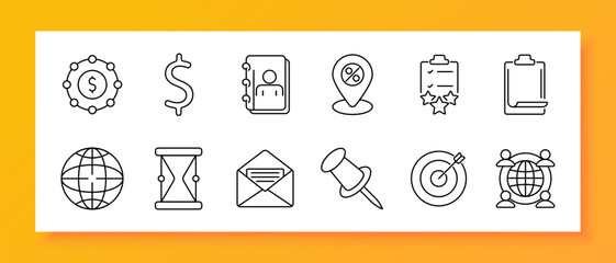 Finance management set icon. Dollar gear, currency symbol, address book, location marker with percentage, checklist with stars, blank clipboard, globe grid, hourglass, envelope, pin, target