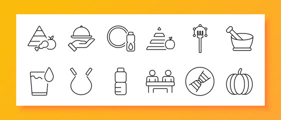 Naklejka premium Nutrition and wellness set icon. Includes food pyramid, dish, plate, oil bottle, pyramid layers, fork circuit, mortar, water glass, dropper, people, DNA, pumpkin in line style