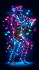 Fototapeta premium A neon figure in uniform plays trumpet amidst musical notes and glowing sparkles against dark background