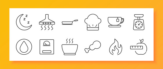 Cooking and nutrition set icon. Outline icons of moon, hood, pan, chef hat, tea cup, scale, bowl, chicken leg, flame, apple with ruler, drop, weight meter in linear style.