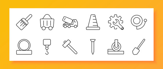 Construction tool set icon. Minimal icons of paintbrush, cart, mixer truck, cone, gear, tape, pulley, hook, hammer, nail, caster, shovel with outlined design.