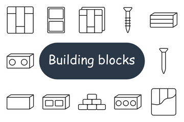 Building blocks set icon. Includes rectangular bricks with holes, solid blocks, screws, nails, tile layouts, layered panels, grid stacks, and geometric wall arrangements.