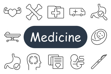 Medicine set icon. Muscles, bones, folder, ambulance, stomach, baby, bed, brain, documents, fetus, scalpel, anatomy, hospital, health, maternity, records, organs.