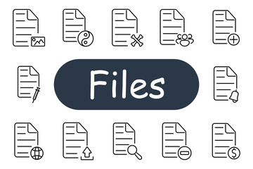 Files set icon. Document, image, symbol, bones, group, add, vaccine, world, upload, search, delete, finance, bell, archive, medicine, update.
