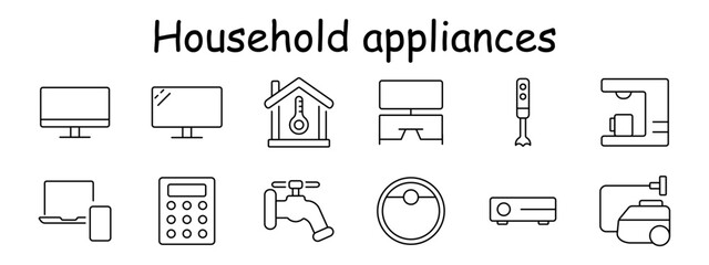 Household appliances set icon. Monitor, screen, smart house, blender, sewing machine, calculator, water tap, projector, vacuum, laptop, mobile, remote, electronics.