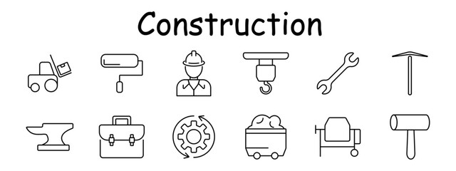 Construction set icon. Loader, roller, builder, crane hook, wrench, pickaxe, anvil, toolbox, gear cycle, cart, mixer, mallet. Engineering, site tools, labor, mechanical operation.