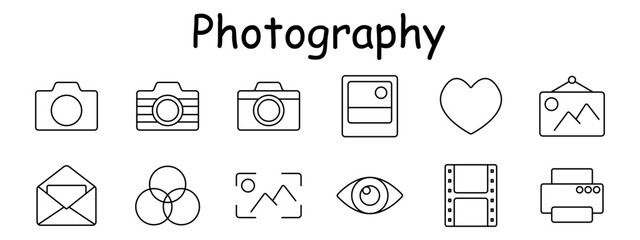 Photography set icon. Camera, DSLR, polaroid, heart, hanging image, envelope, color circles, focus frame, eye, film, printer. Love for photography, creativity, analog tools, printing