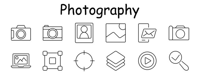 Photography set icon. Camera, portrait, photo frame, mobile message, gallery, laptop view, resize tool, focus target, layers, play button, search. Photo content, design, editing process