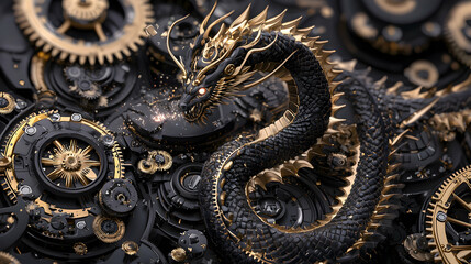Black And Gold Dragon Among Intricate Clockwork Gears