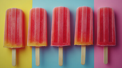 Watermelon popsicles arranged on a colorful background in a flat lay style. Refreshing summer fruit ice cream concept with vibrant colors, top view composition, and copy space for food design.