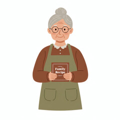 Elderly woman smiling while holding a family recipe book  