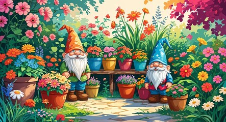 Fototapeta premium Colorful garden with vibrant flower pots and garden gnomes anime cartoon style illustration artwork design background
