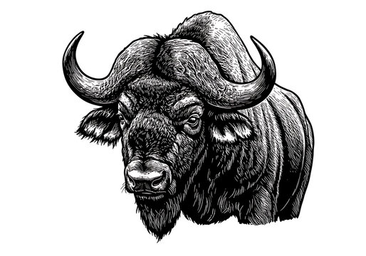 Cape buffalo drawing black and white illustration animal wildlife art