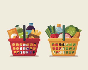 Two shopping baskets with different food products. Healthy and unhealthy food concept in a flat style.
