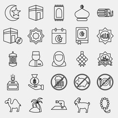 Icon set of islamic. Islamic elements of Ramadhan, Eid Al Fitr, Eid Al Adha. Icons in line style. Good for prints, posters, logo, decoration, greeting card, etc.