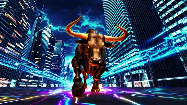 Bull charges through urban scene of lightning energy. Finance systems show trend activity. Bull symbol moves inside modern market. Financial trend rises around charging bull across skyline