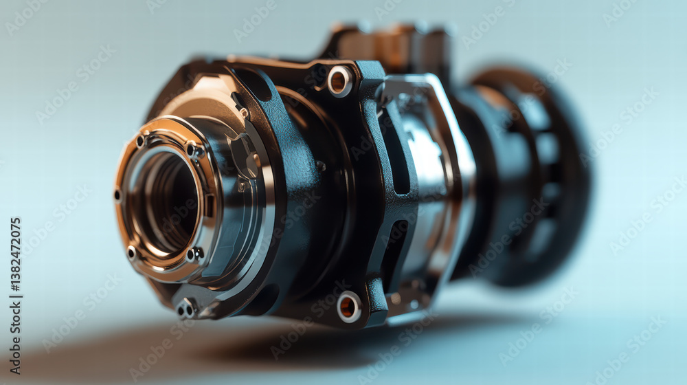 Poster engineering precision: a close-up, studio-style shot of an intricate mechanical component. metallic 