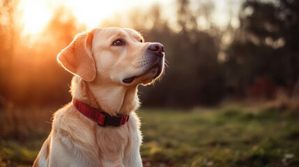 A golden retriever sits peacefully in a sunlit outdoor setting, showcasing its calm demeanor.