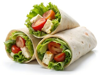 Fresh veggie wraps overflowing with crisp lettuce, juicy tomatoes, and creamy cheese, a light and healthy lunch option, beautifully arranged on a bright white background.