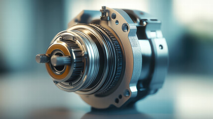 Fototapeta premium Precision Engineering: A close-up shot of a complex mechanical component, meticulously crafted from metal, showcasing the intricate details of its design and construction.
