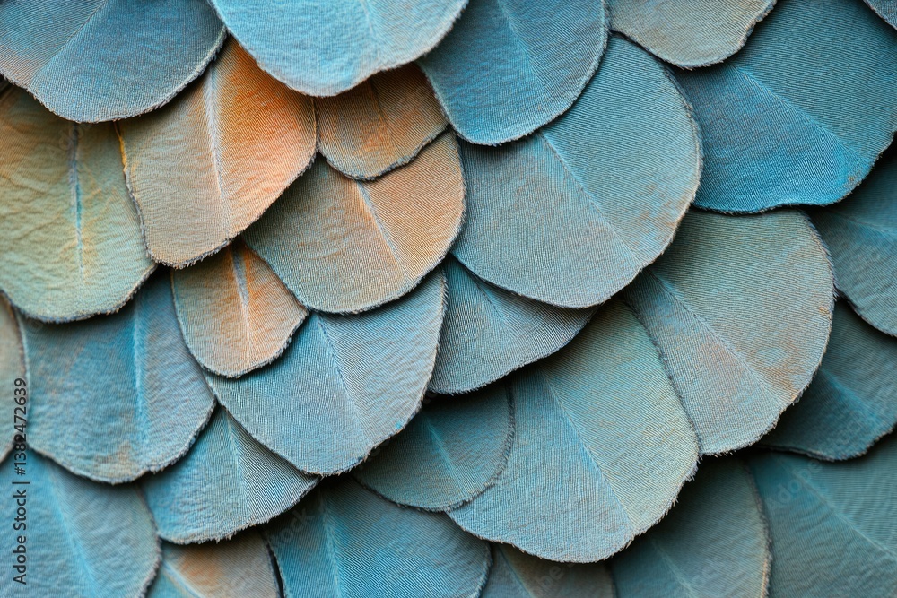 Poster close-up view of overlapping teal and orange bird feathers, creating a textured pattern.