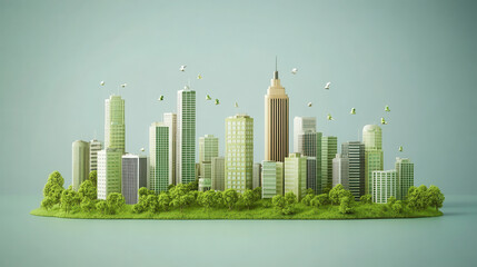 Fototapeta premium A green city skyline with skyscrapers and trees, symbolizing sustainability and urban life.